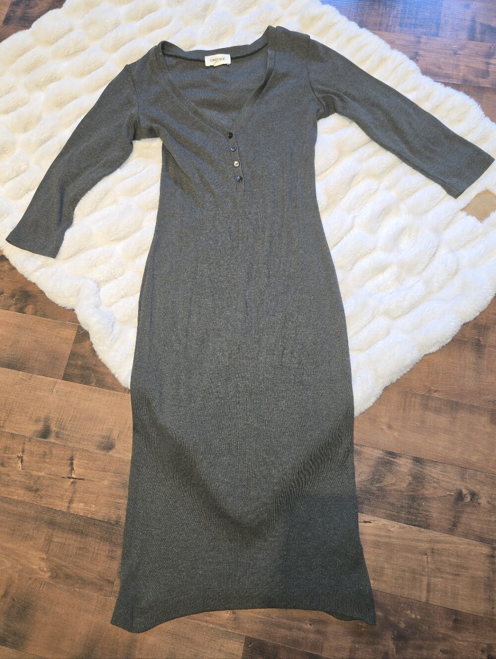 L'Agence [Size Medium] Olive Green Ribbed 3/4 Sleeve Stretch Maxi Minimalist